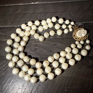 Vintage Freirich 1950s Multi Strand Faux Pearl Gold Tone Clasp StatementNecklace